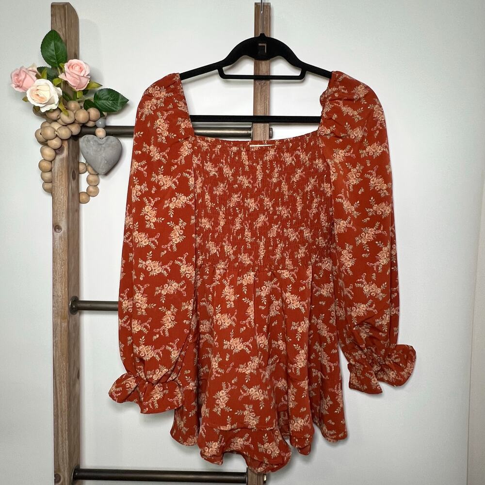 Altard State Long Sleeve Brown Floral Blouse Size Small